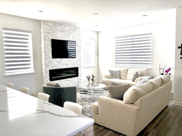 living area with a fireplace and dark wood-style floors