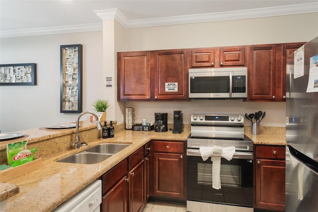 kitchen with a sink, ornamental molding, light stone countertops, and stainless steel appliances