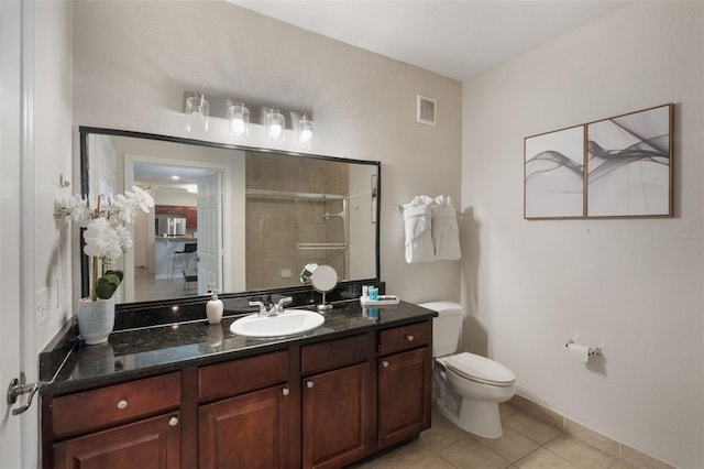 full bath featuring tile patterned flooring, vanity, visible vents, toilet, and a shower stall