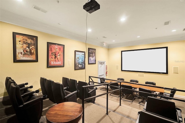 home theater with visible vents, recessed lighting, baseboards, and crown molding