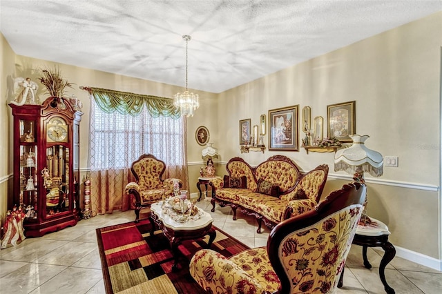 tiled living area featuring a textured ceiling and a notable chandelier