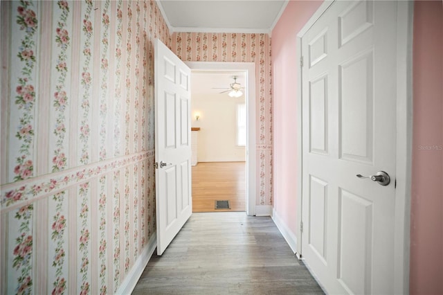 1400 Florida Ave, Saint Cloud, FL 34769 - corridor with wood finished floors, crown molding, baseboards, and wallpapered walls