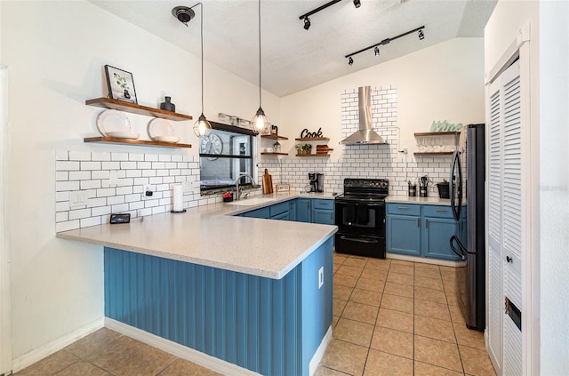 1100 Anne Elisa Cir, Saint Cloud, FL 34772 - kitchen featuring blue cabinets, open shelves, black appliances, a peninsula, and wall chimney exhaust hood