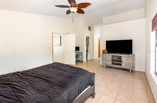 1100 Anne Elisa Cir, Saint Cloud, FL 34772 - bedroom featuring light tile patterned flooring, ceiling fan, visible vents, and high vaulted ceiling