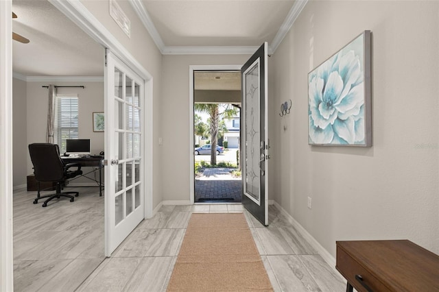 entryway with french doors, crown molding, a wealth of natural light, and visible vents