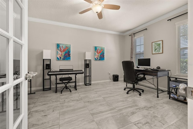 office with crown molding, baseboards, ceiling fan, and a textured ceiling