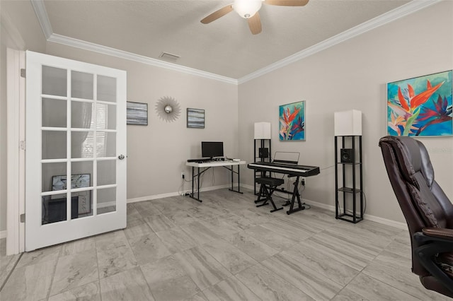office space with visible vents, ornamental molding, baseboards, a textured ceiling, and a ceiling fan
