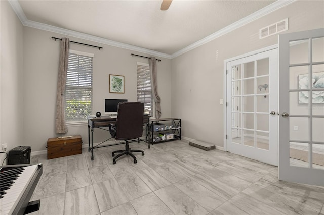 office area with ornamental molding, french doors, marble finish floor, and visible vents