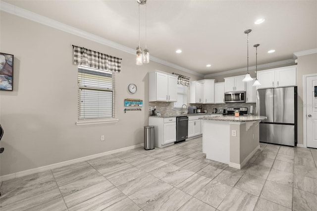 kitchen with ornamental molding, decorative backsplash, baseboards, white cabinetry, and appliances with stainless steel finishes