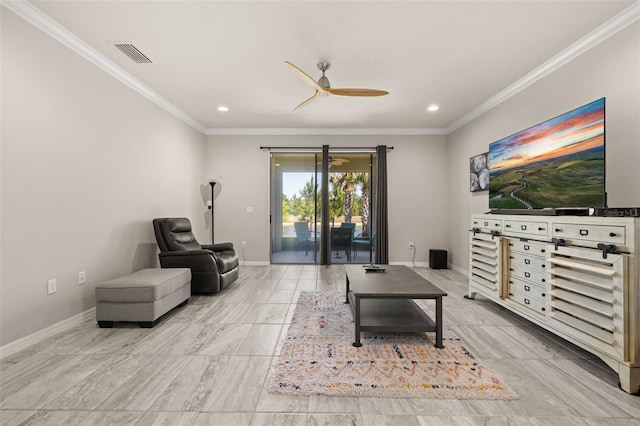 living area with crown molding, baseboards, ceiling fan, and visible vents