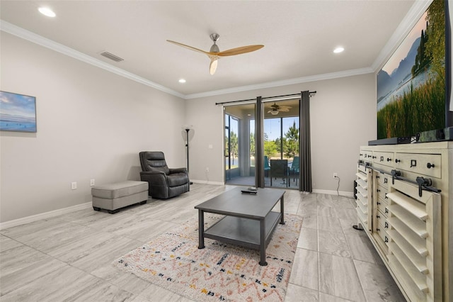 living room featuring baseboards, ceiling fan, ornamental molding, and visible vents