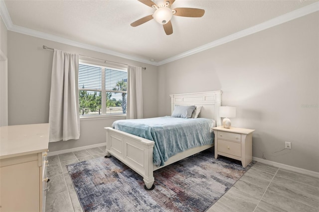 bedroom featuring crown molding, a ceiling fan, baseboards, and light tile patterned flooring