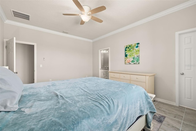 bedroom featuring visible vents, ornamental molding, baseboards, and ceiling fan
