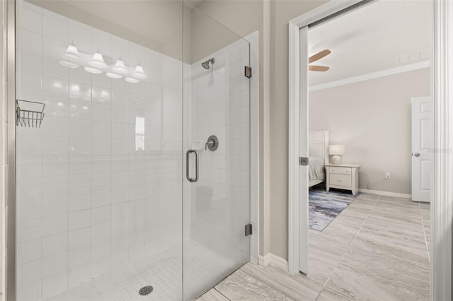 bathroom featuring crown molding, baseboards, ensuite bath, and a stall shower