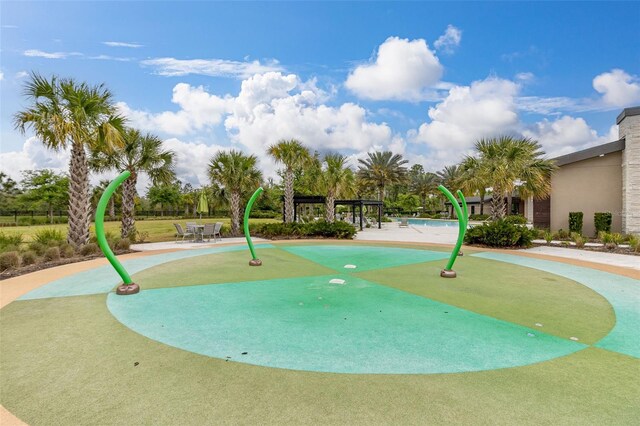 surrounding community with a swimming pool and a patio