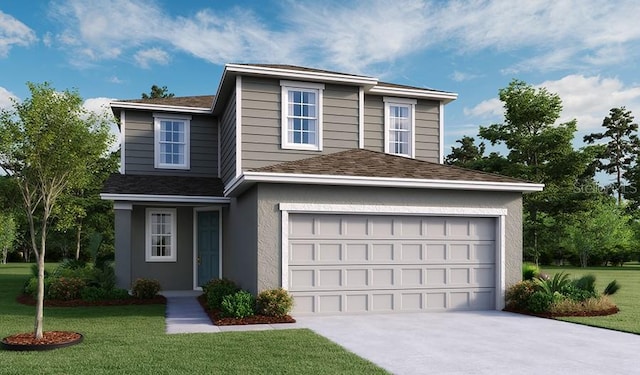view of front of home with driveway, a front yard, a garage, a shingled roof, and stucco siding
