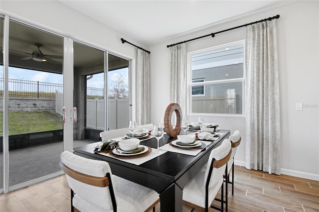 dining room with ceiling fan, wood finish floors, and baseboards