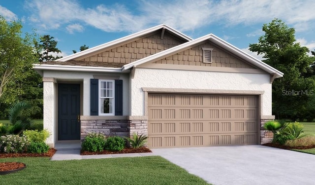 craftsman inspired home with an attached garage, stone siding, stucco siding, a front yard, and driveway