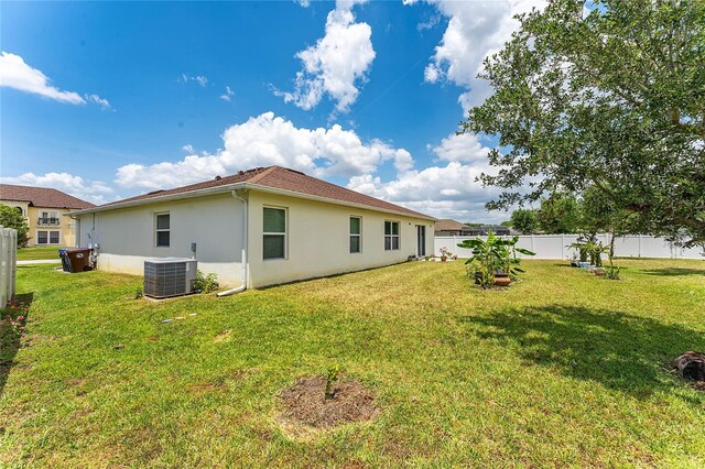 1532 Angler Ave, Kissimmee, FL 34746 - back of property with central air condition unit, a fenced backyard, stucco siding, and a lawn