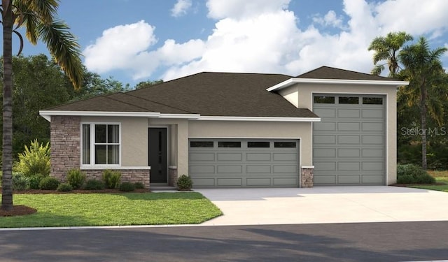 view of front of house with concrete driveway, a garage, stone siding, and stucco siding