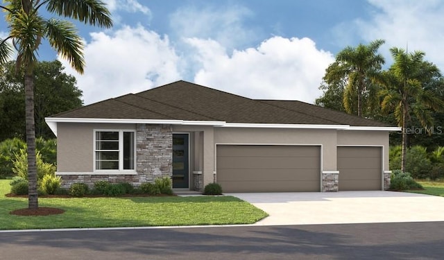 view of front of home featuring a garage, stucco siding, and stone siding
