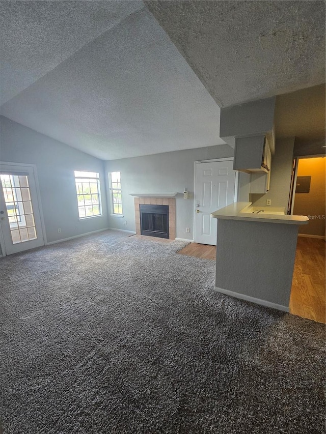 4301 Lizshire Ln Unit 306, Orlando, FL 32822 - unfurnished living room featuring carpet floors, lofted ceiling, a textured ceiling, baseboards, and a tiled fireplace