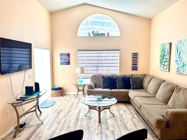 314 Saddle Ridge Dr, Davenport, FL 33896 - living room with a textured ceiling, baseboards, wood finished floors, and lofted ceiling