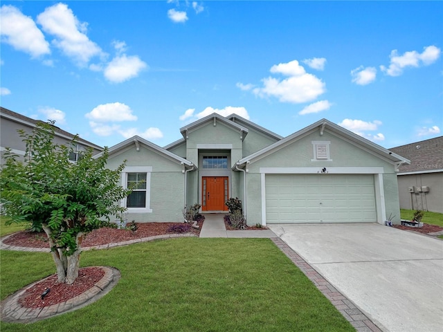 8439 Adele Rd, Lakeland, FL 33810 - ranch-style house with concrete driveway, a garage, stucco siding, and a front yard