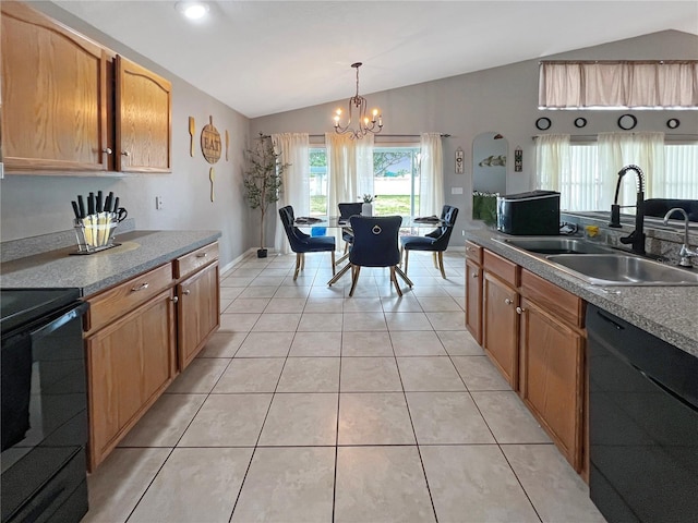 8439 Adele Rd, Lakeland, FL 33810 - kitchen with a notable chandelier, range, dishwasher, a sink, and vaulted ceiling