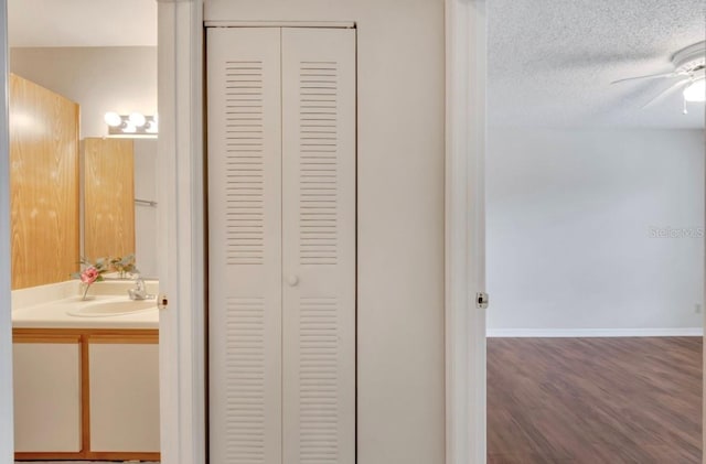 interior space with a sink, a textured ceiling, and wood finished floors