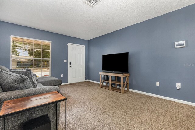 carpeted living room featuring baseboards and a textured ceiling