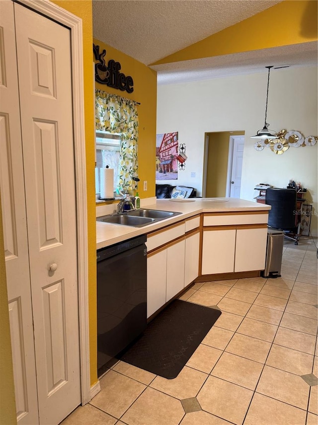 kitchen featuring vaulted ceiling, a sink, light countertops, black dishwasher, and light tile patterned flooring