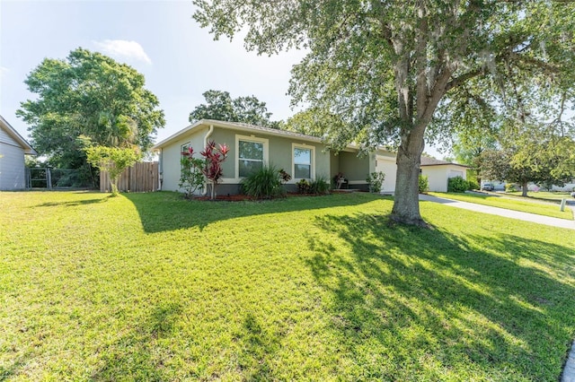 ranch-style house with concrete driveway, a garage, and stucco siding