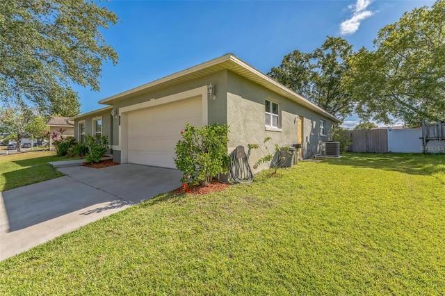 view of side of home featuring stucco siding, an attached garage, driveway, and cooling unit