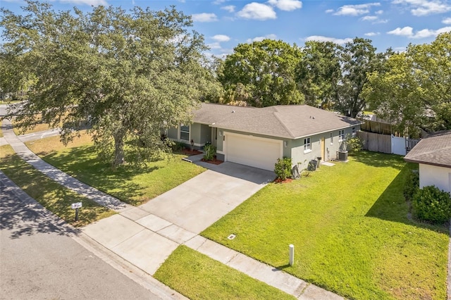 view of front of house with a garage, concrete driveway, stucco siding, central air condition unit, and a shingled roof