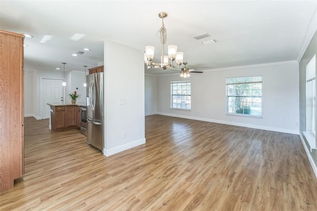 unfurnished dining area featuring a chandelier, baseboards, light wood-style floors, crown molding, and recessed lighting