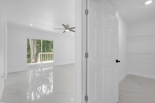 5851 SE Drew Rd, Belleview, FL 34420 - interior space with recessed lighting, a ceiling fan, marble finish floor, and baseboards