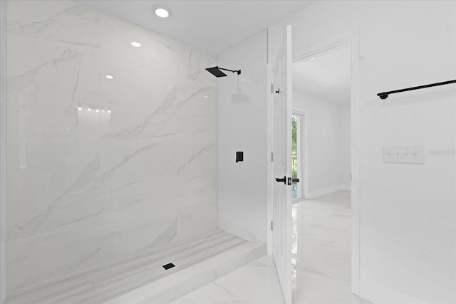 5851 SE Drew Rd, Belleview, FL 34420 - bathroom with recessed lighting, baseboards, a marble finish shower, and marble finish floor