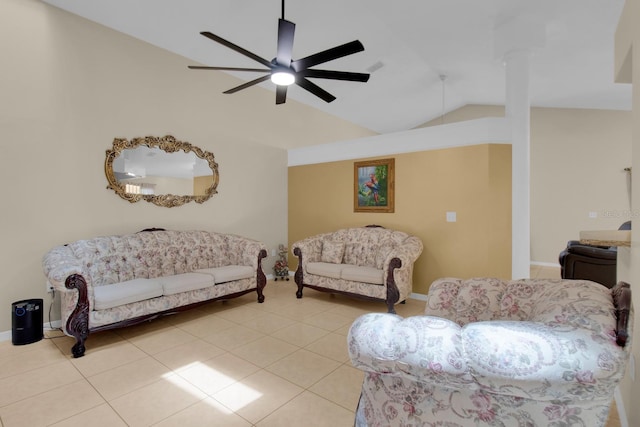 2398 Queenswood Cir, Kissimmee, FL 34743 - tiled living area featuring vaulted ceiling and ceiling fan