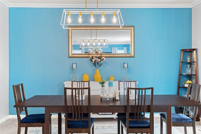 3084 Slough Creek Dr, Kissimmee, FL 34744 - dining room featuring a chandelier, ornamental molding, baseboards, and tile patterned flooring