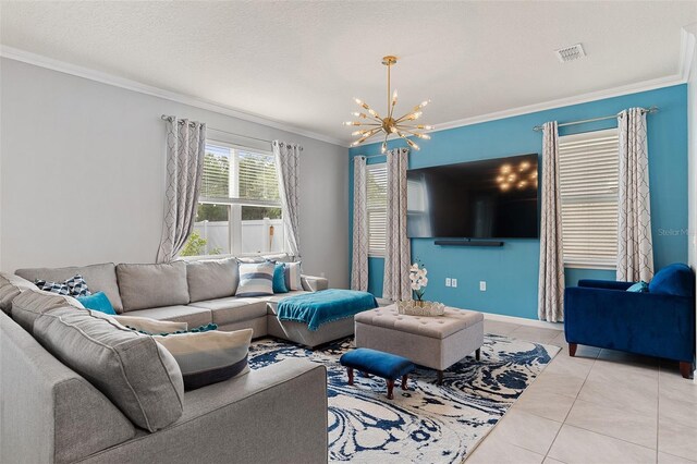 3084 Slough Creek Dr, Kissimmee, FL 34744 - tiled living area with a chandelier, ornamental molding, and baseboards