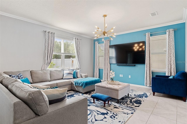 3084 Slough Creek Dr, Kissimmee, FL 34744 - living room with ornamental molding, a chandelier, light tile patterned flooring, and baseboards