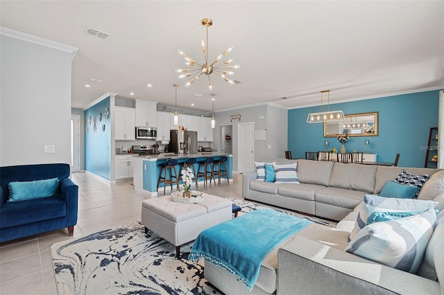 3084 Slough Creek Dr, Kissimmee, FL 34744 - living area featuring a chandelier, light tile patterned floors, ornamental molding, and recessed lighting