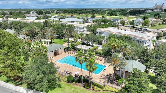 drone / aerial view of a pool area