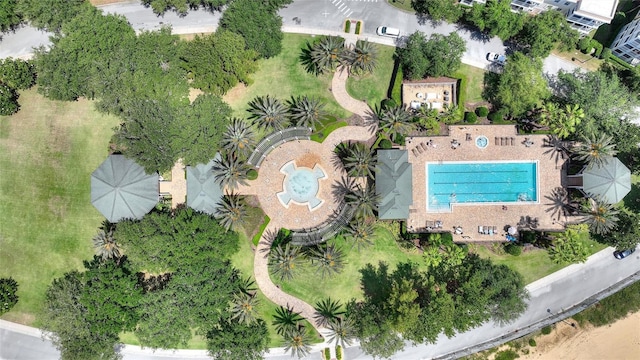aerial overview of property's location featuring a pool