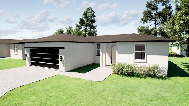 318 Cocoa Ct, Kissimmee, FL 34758 - view of front of house featuring an attached garage, stucco siding, a front lawn, and gravel driveway