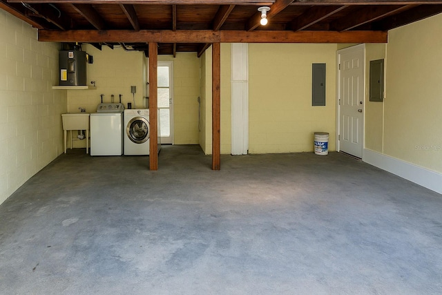7314 Patio Row, Hudson, FL 34667 - basement with electric panel, washing machine and clothes dryer, and concrete block wall
