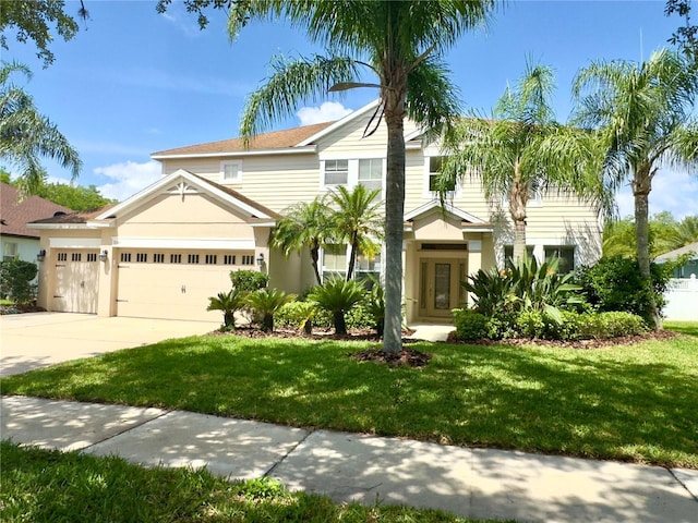 view of front of house featuring a front yard, stucco siding, an attached garage, and driveway