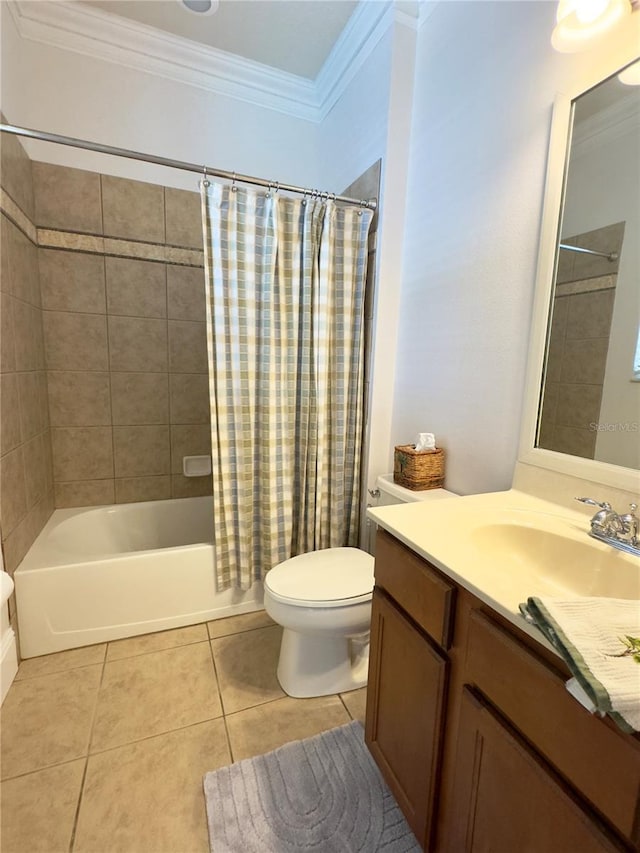 bathroom with toilet, ornamental molding, tile patterned flooring, vanity, and shower / bathtub combination with curtain
