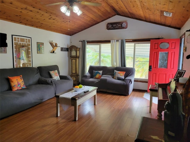 living area featuring visible vents, wood finished floors, wood ceiling, a ceiling fan, and vaulted ceiling
